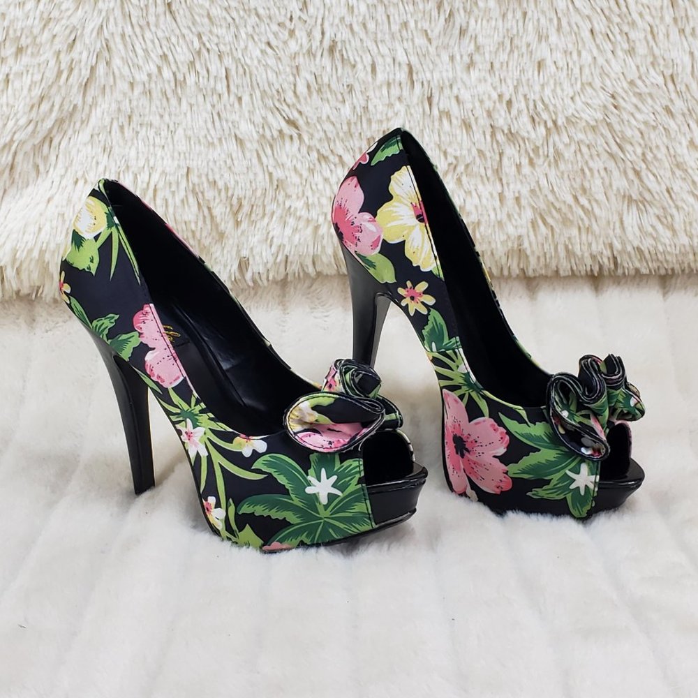 Tropical Floral Open Toe Ruffle Detail Platform Pumps Shoes - Picture 3 of 14